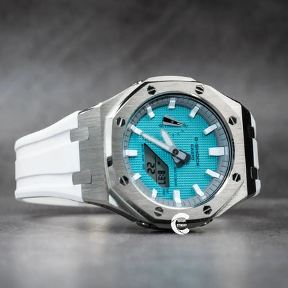 Casioak Mod Watch Silver Case White Rubber Strap Light Gray White Time Mark Tiffany Blue Dial 44mm - Casioak Studio