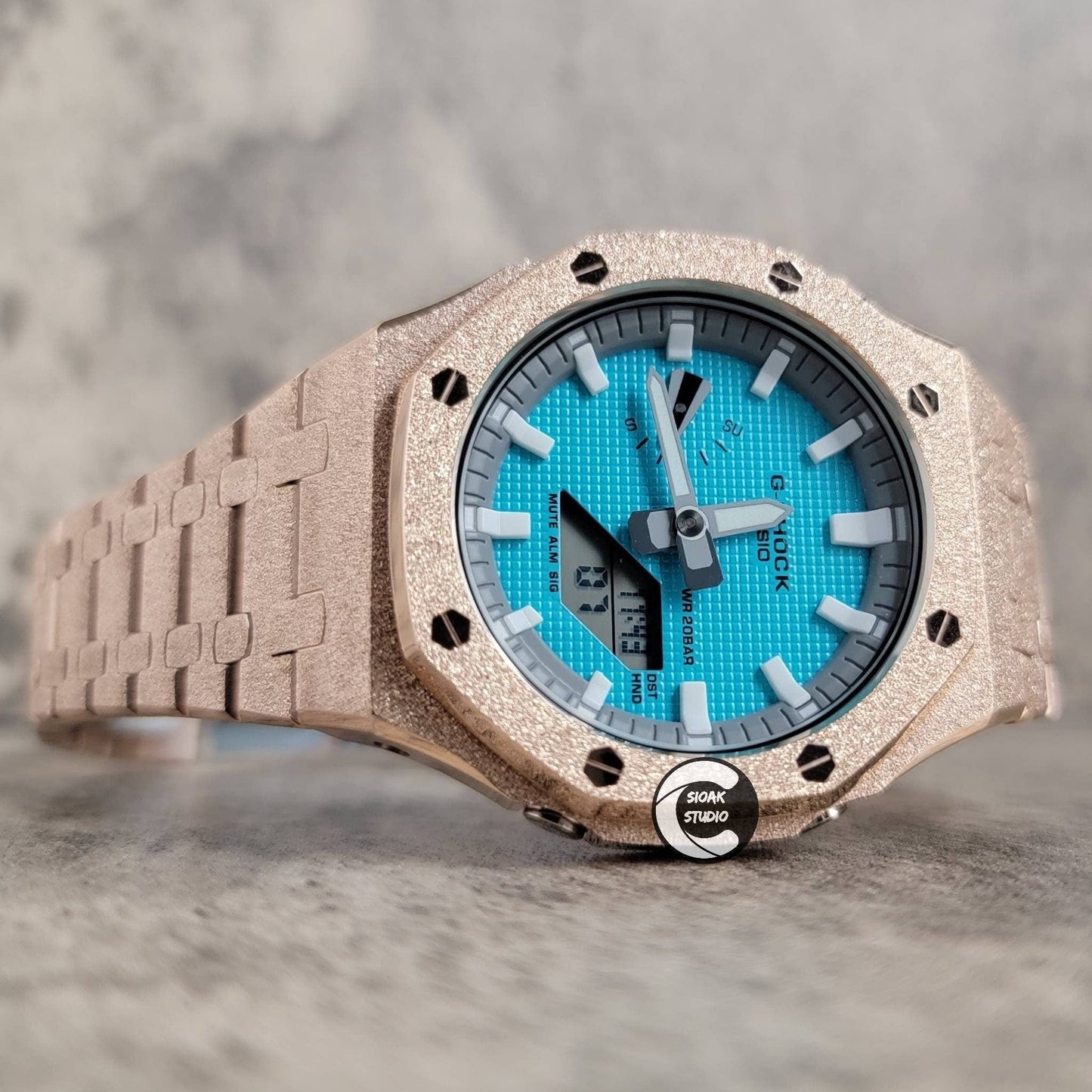 Casioak Mod Watch Frosted Rose Gold Case Metal Strap Light Gray White Time Mark Tiffany Blue Dial 44mm - Casioak Studio