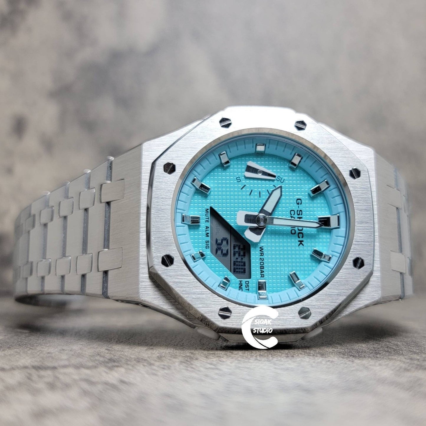 Casioak Mod Watch Silver Case Metal Strap Tiffany Silver Time Mark Tiffany Blue Dial 42mm - Casioak Studio