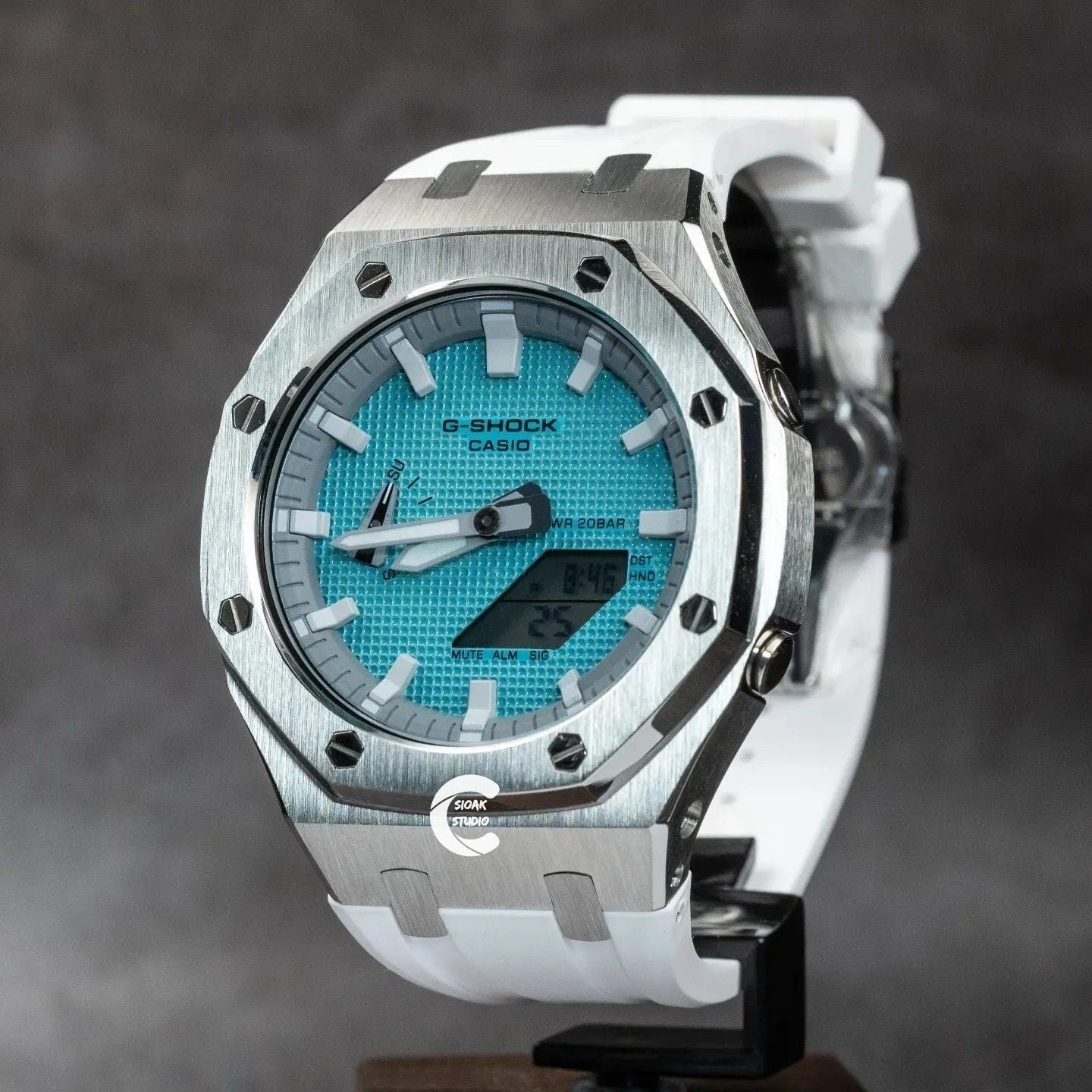 Casioak Mod Watch Silver Case White Rubber Strap Light Gray White Time Mark Tiffany Blue Dial 44mm - Casioak Studio