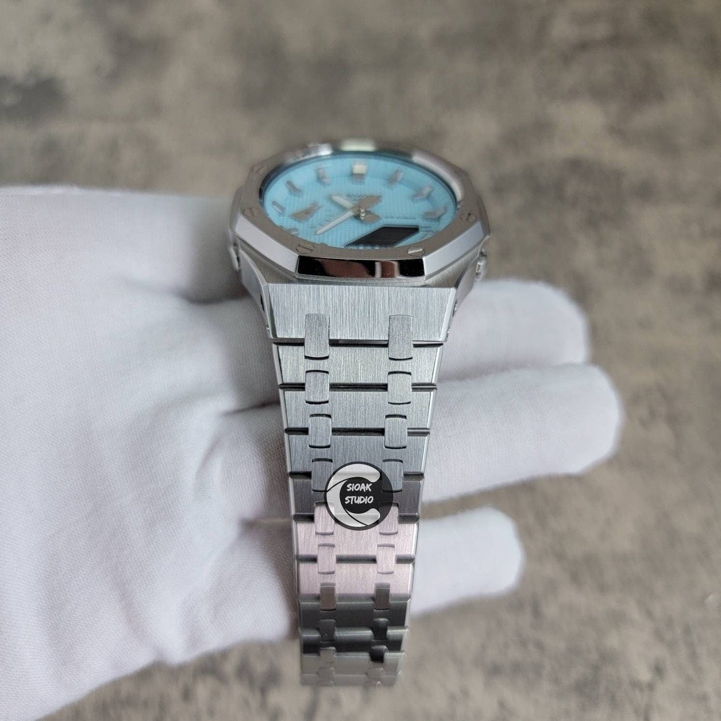 Casioak Mod Watch Silver Case Metal Strap Tiffany Silver Time Mark Tiffany Blue Dial 44mm - Casioak Studio