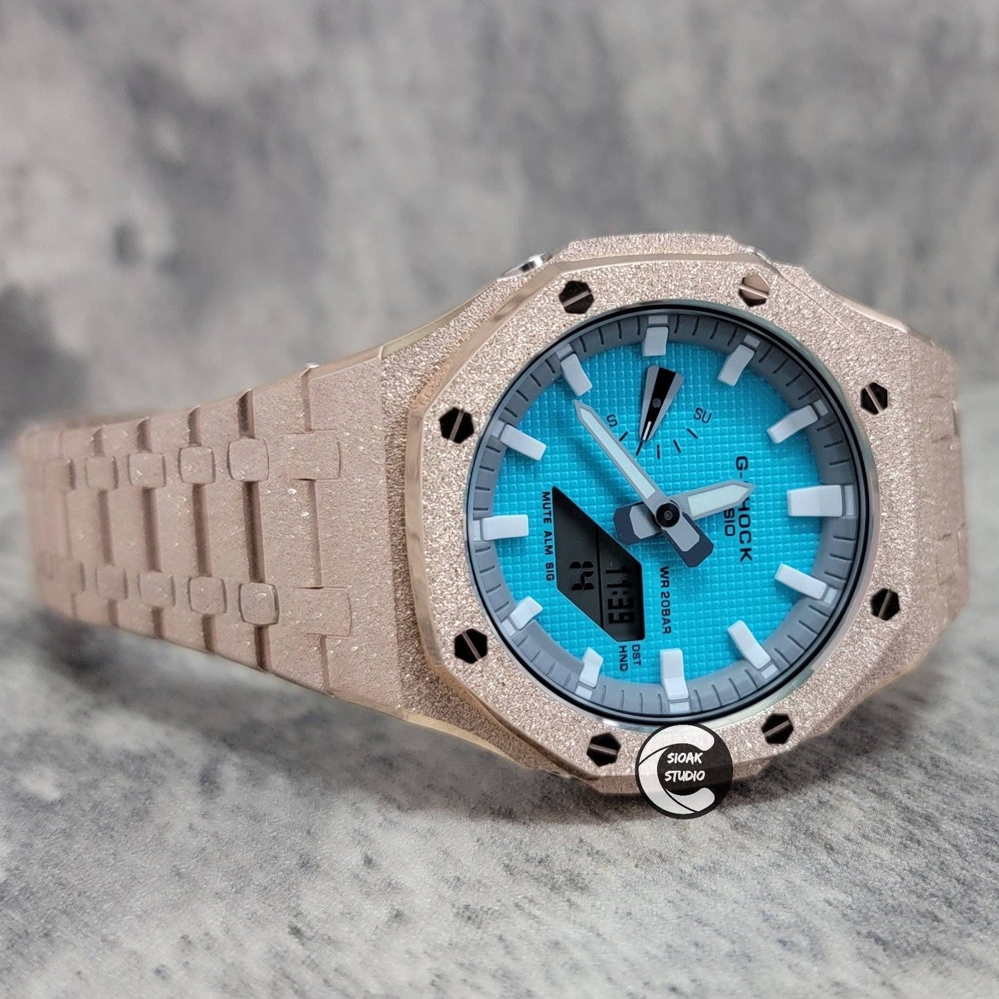 Casioak Mod Watch Frosted Rose Gold Case Metal Strap Light Gray White Time Mark Tiffany Blue Dial 44mm - Casioak Studio