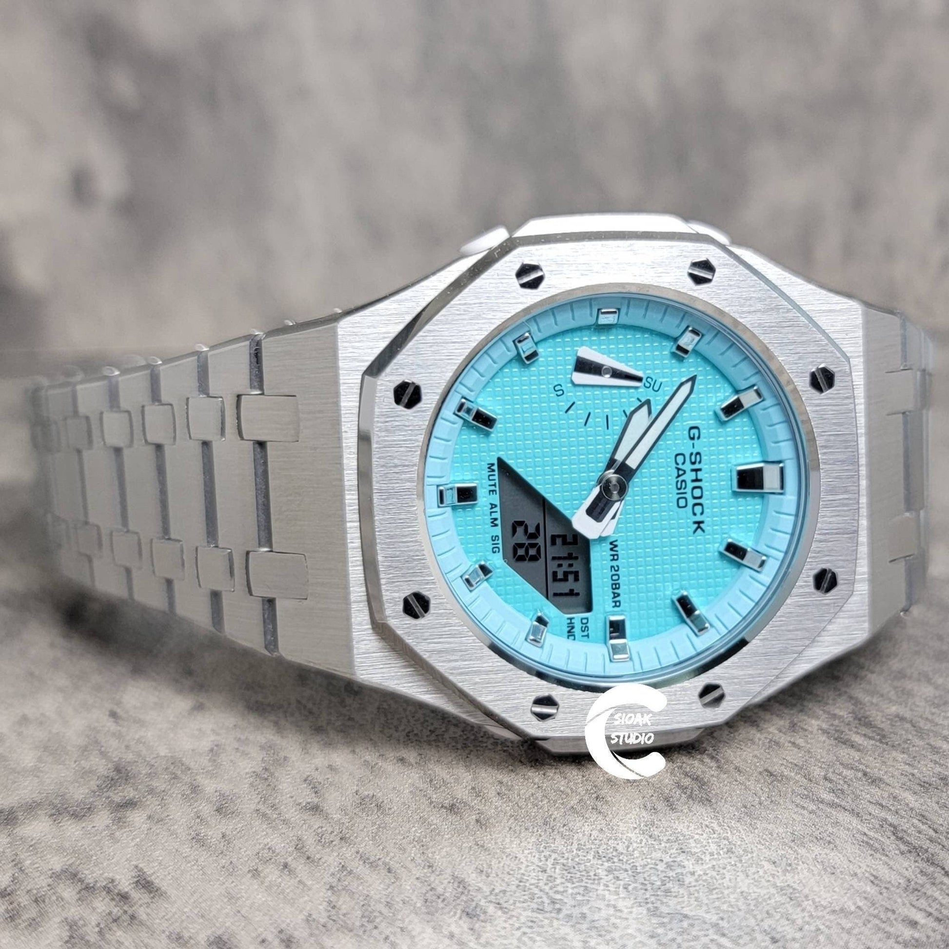 Casioak Mod Watch Silver Case Metal Strap Tiffany Silver Time Mark Tiffany Blue Dial 42mm - Casioak Studio