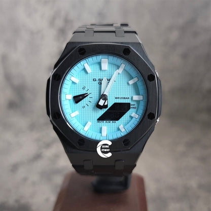 Casioak Mod Watch Black Case Metal Strap Tiffany White Time Mark Tiffany Blue Dial 44mm - Casioak Studio