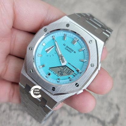 Casioak Mod Watch Silver Case Metal Strap Tiffany Silver Time Mark Tiffany Blue Dial 42mm - Casioak Studio