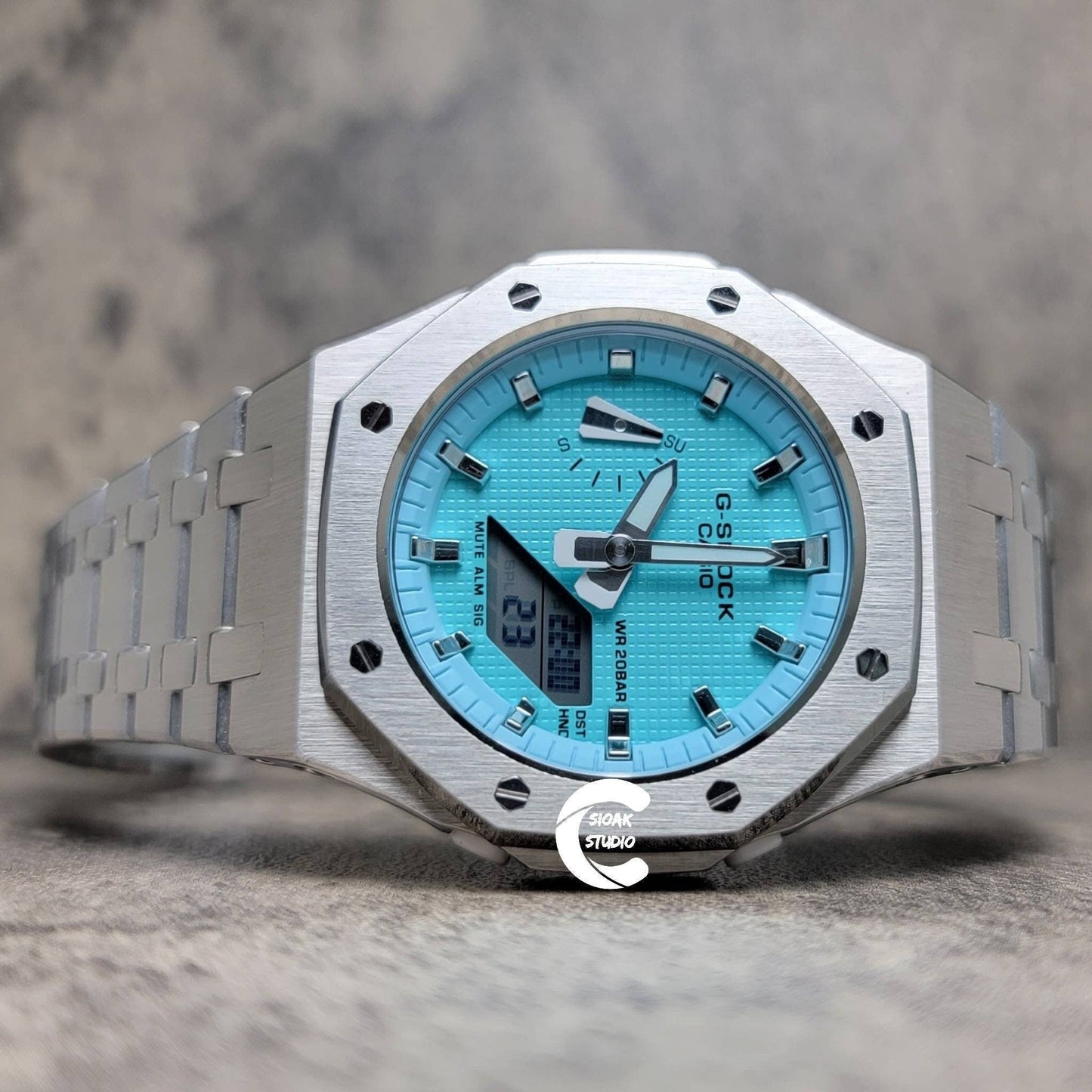 Casioak Mod Watch Silver Case Metal Strap Tiffany Silver Time Mark Tiffany Blue Dial 42mm - Casioak Studio