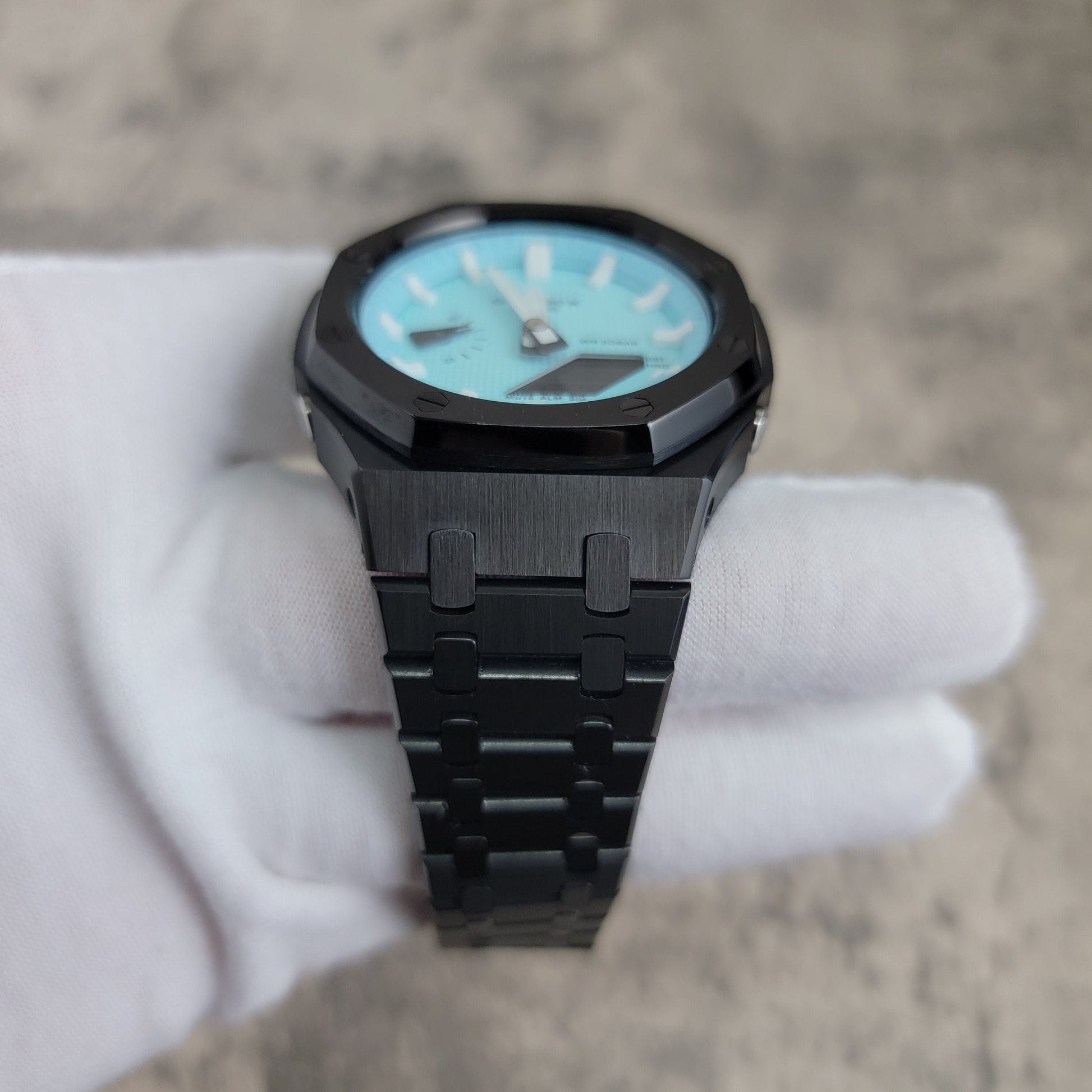 Casioak Mod Watch Black Case Metal Strap Tiffany White Time Mark Tiffany Blue Dial 44mm - Casioak Studio