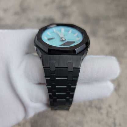 Casioak Mod Watch Black Case Metal Strap Tiffany White Time Mark Tiffany Blue Dial 44mm - Casioak Studio