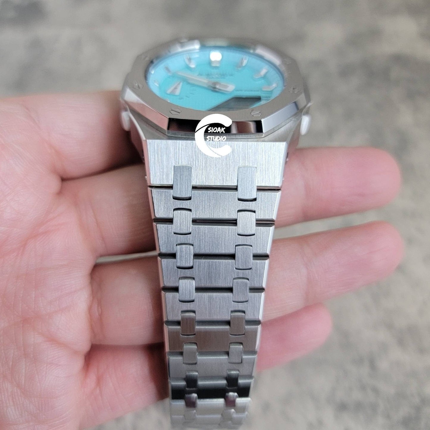 Casioak Mod Watch Silver Case Metal Strap Tiffany Silver Time Mark Tiffany Blue Dial 42mm - Casioak Studio