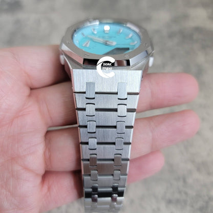 Casioak Mod Watch Silver Case Metal Strap Tiffany Silver Time Mark Tiffany Blue Dial 42mm - Casioak Studio