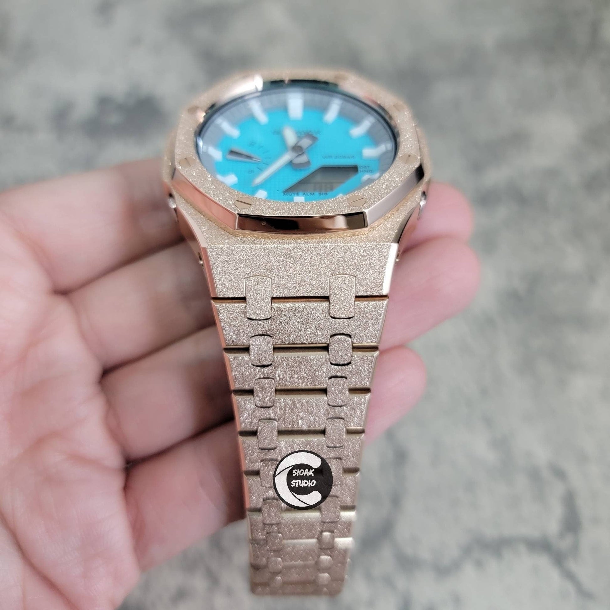 Casioak Mod Watch Frosted Rose Gold Case Metal Strap Light Gray White Time Mark Tiffany Blue Dial 44mm - Casioak Studio