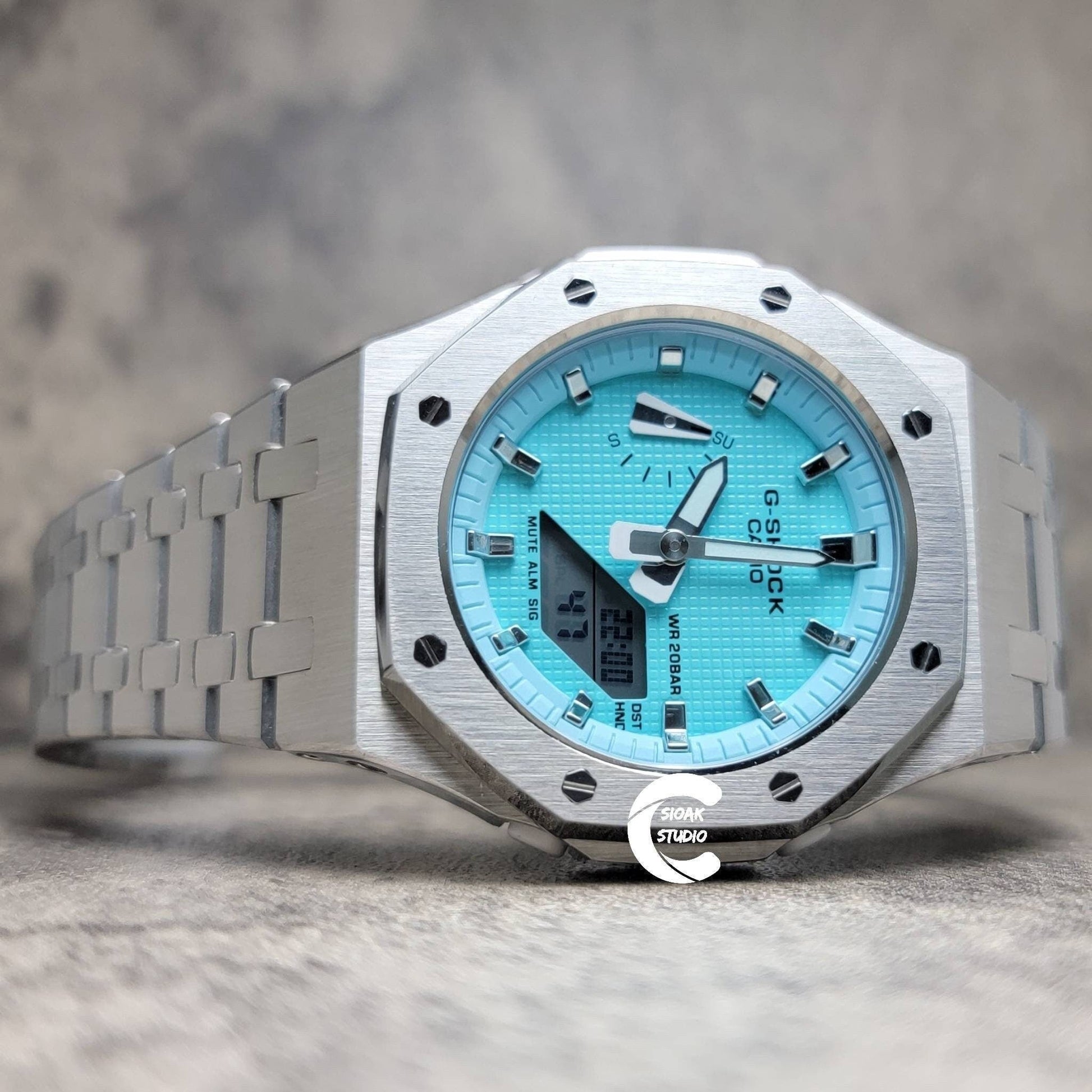 Casioak Mod Watch Silver Case Metal Strap Tiffany Silver Time Mark Tiffany Blue Dial 42mm - Casioak Studio