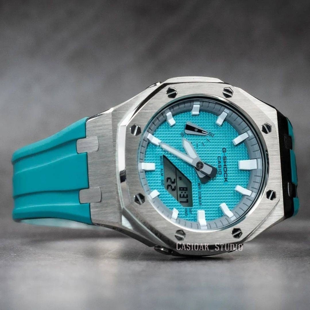 Casioak Mod Watch Silver Case Tiffany Rubber Strap Light Gray White Time Mark Tiffany Blue Dial 44mm - Casioak Studio