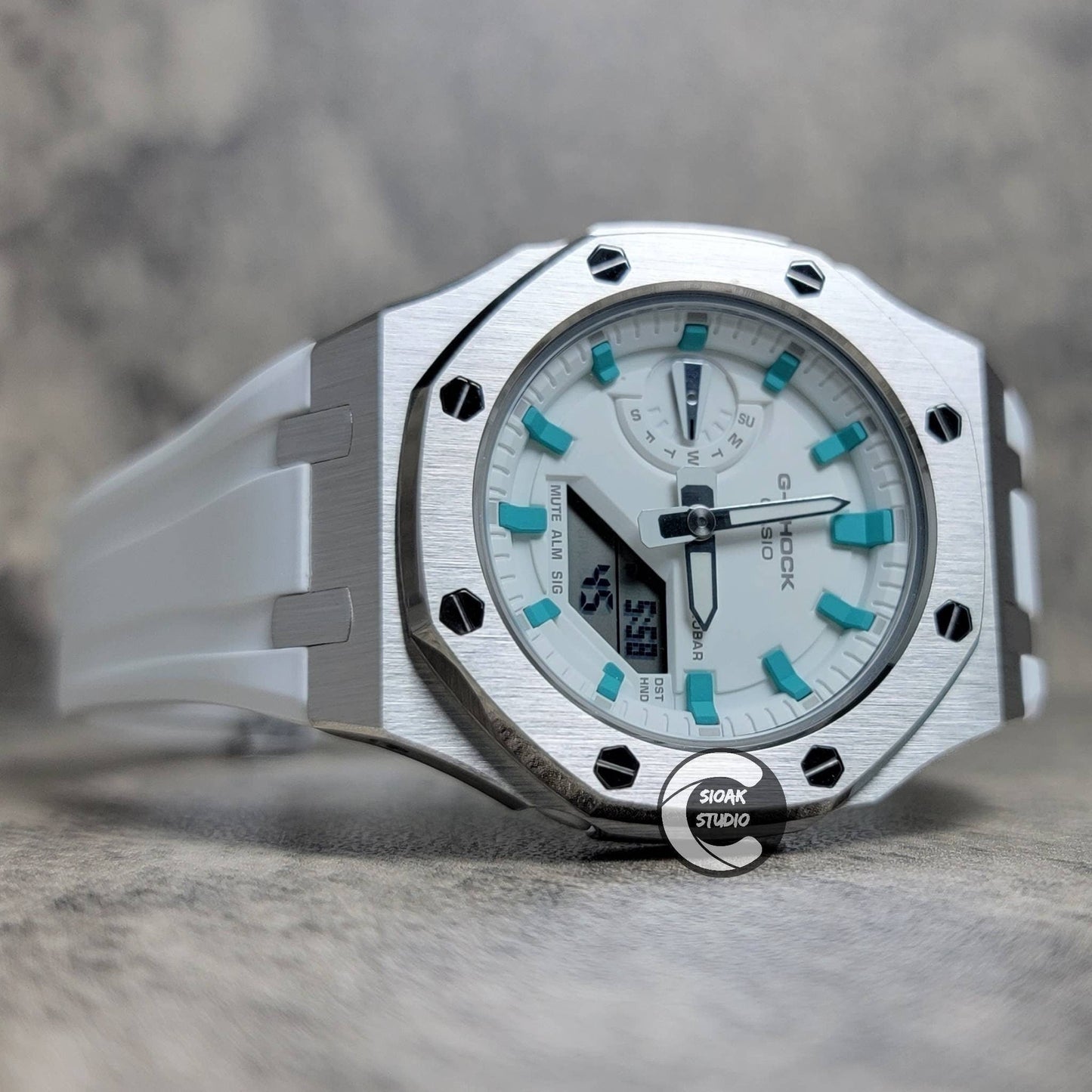 Casioak Mod Watch Silver Case White Rubber Strap White Tiffany Time Mark White Dial 42mm - Casioak Studio