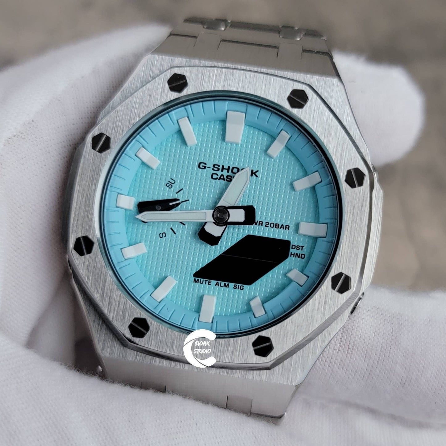 Casioak Mod Watch Silver Case Metal Strap Tiffany White Time Mark Tiffany Blue Dial 44mm - Casioak Studio