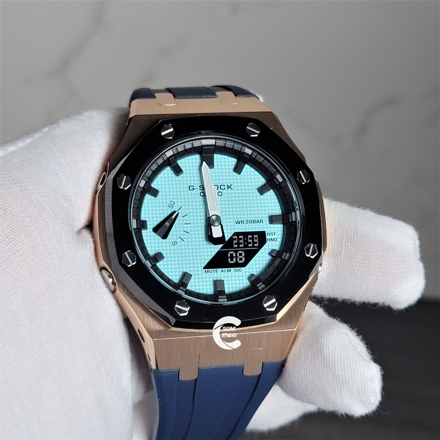 Casioak Mod Watch Black Rose Gold Case Black Rubber Strap Black Time Mark Tiffany Blue Dial 44mm - Casioak Studio