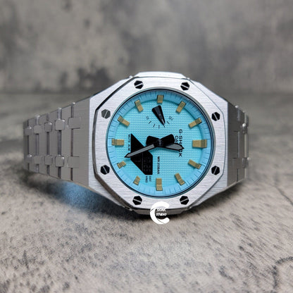 Casioak Mod Watch Silver Case Metal Strap Tiffany Silver Time Mark Tiffany Blue Dial 44mm - Casioak Studio