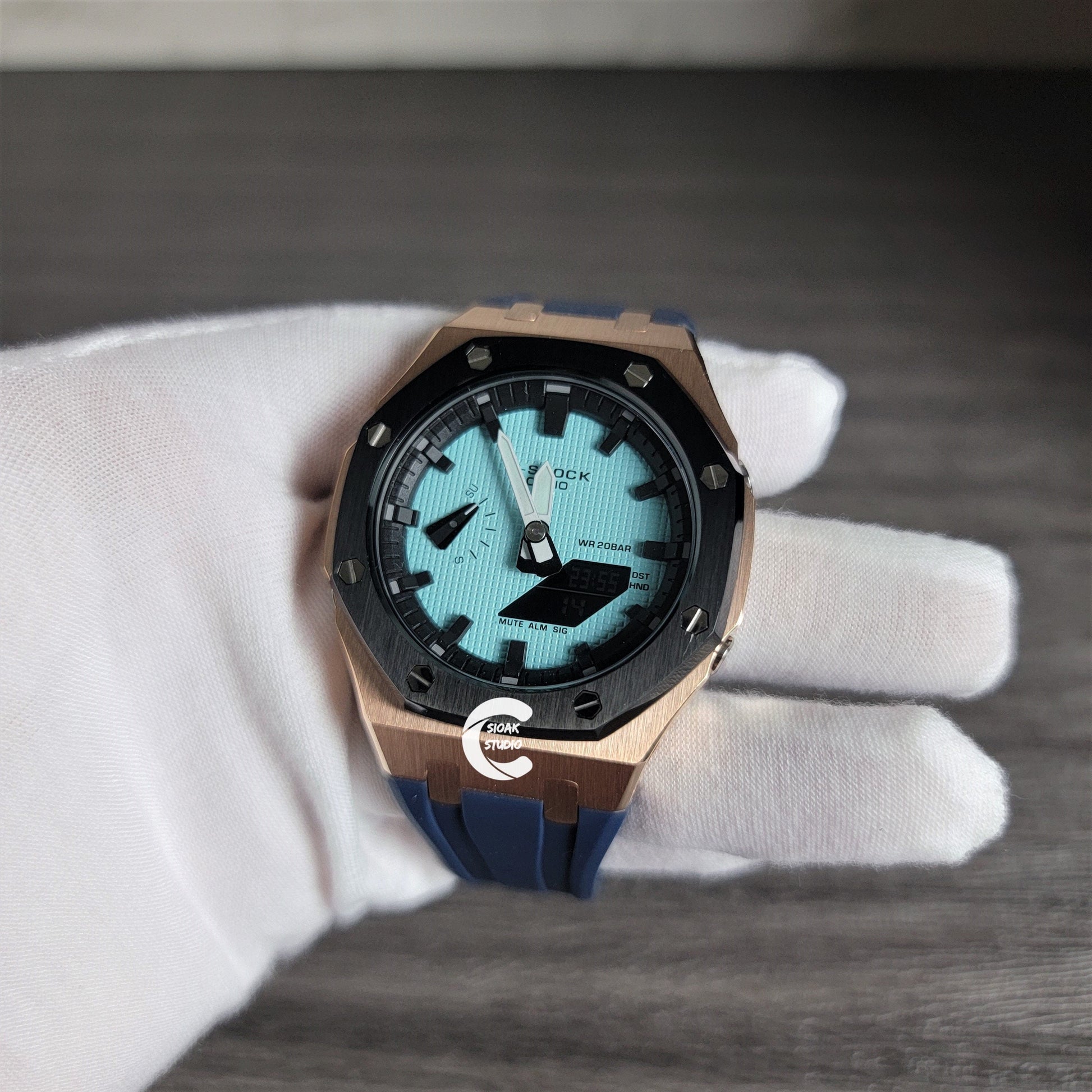 Casioak Mod Watch Black Rose Gold Case Black Rubber Strap Black Time Mark Tiffany Blue Dial 44mm - Casioak Studio