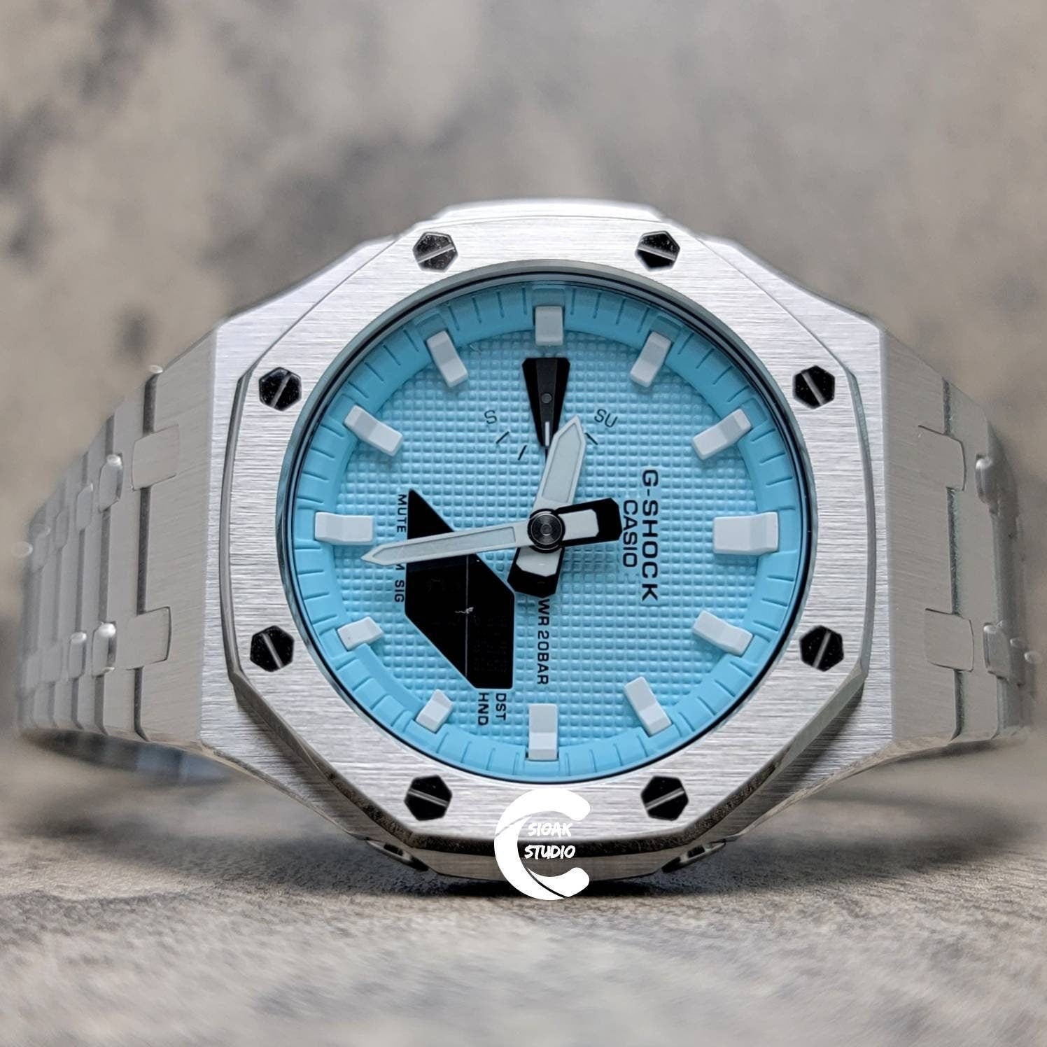 Casioak Mod Watch Silver Case Metal Strap Tiffany White Time Mark Tiffany Blue Dial 44mm - Casioak Studio