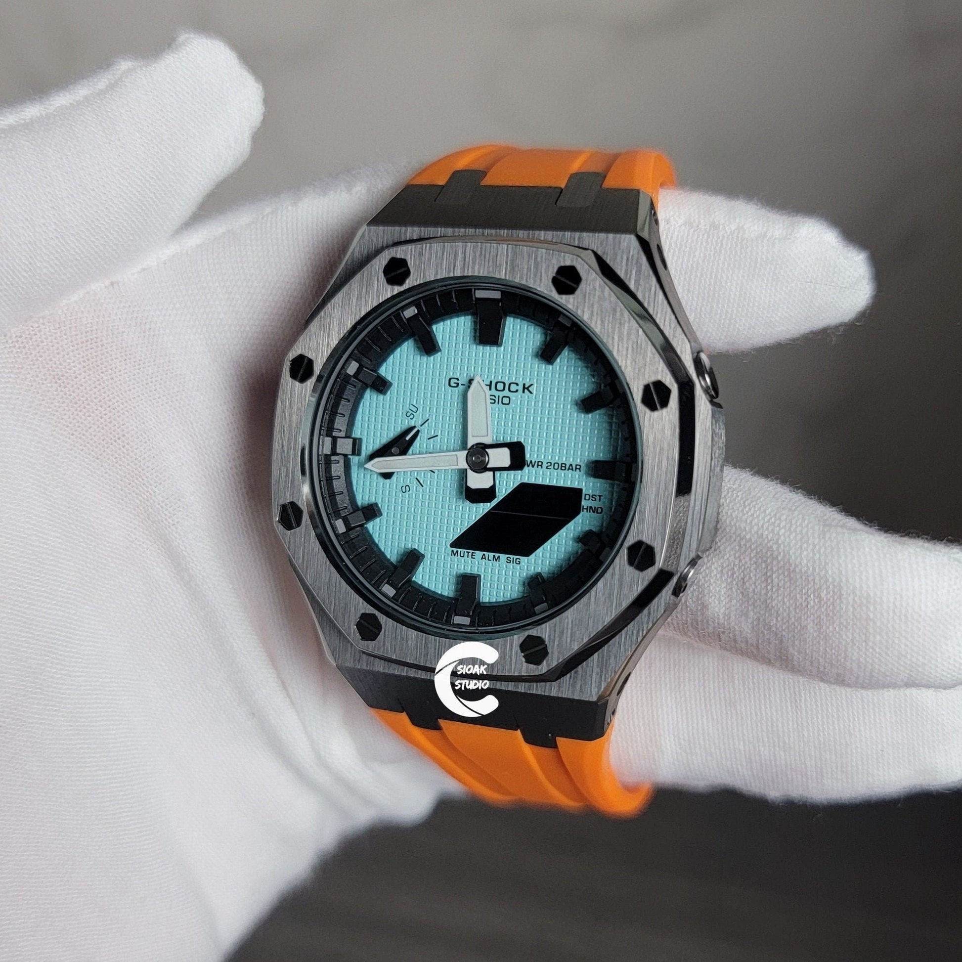 Casioak Mod Watch Gray Case Orange Rubber Strap Black Time Mark Tiffany Blue Dial 44mm - Casioak Studio