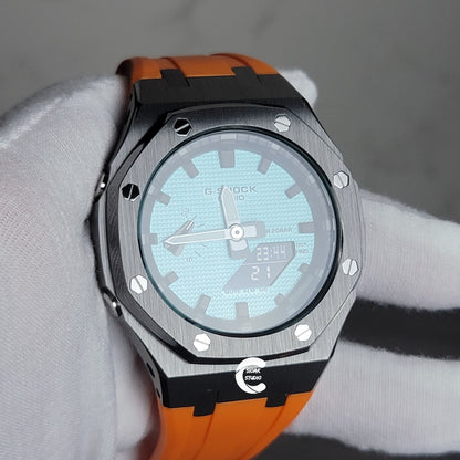 Casioak Mod Watch Gray Case Orange Rubber Strap Black Time Mark Tiffany Blue Dial 44mm - Casioak Studio