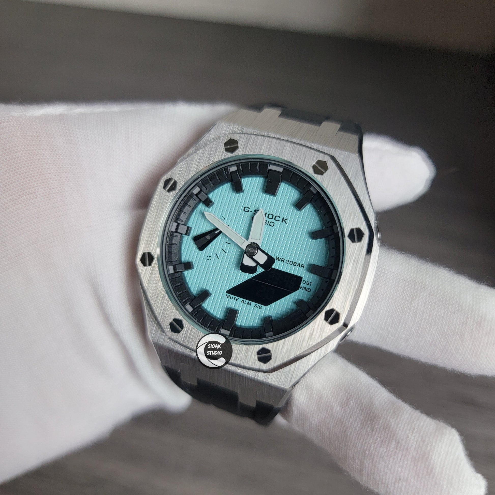 Casioak Mod Watch Silver Case Black Rubber Strap Black Time Mark Tiffany Blue Dial 44mm - Casioak Studio