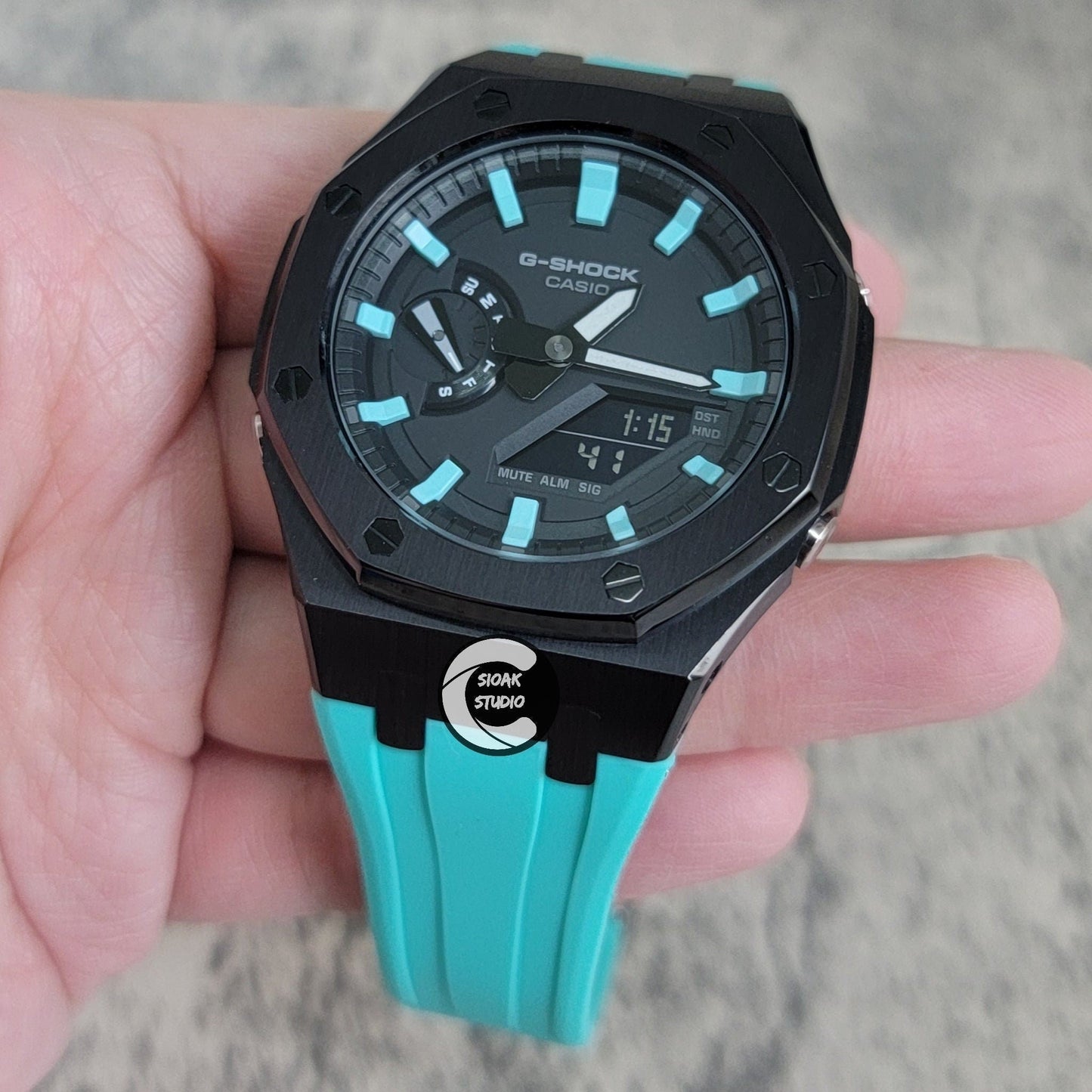 Casioak Mod Watch Black Case Tiffany Rubber Strap Black Tiffany Time Mark Black Dial 44mm - Casioak Studio