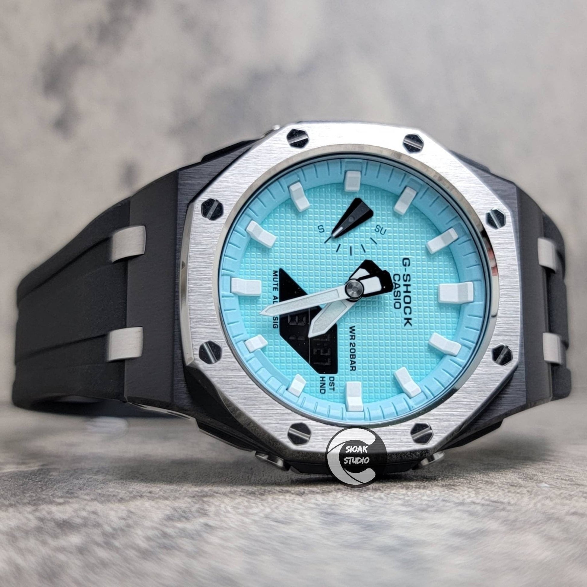 Casioak Mod Watch Offshore Superior Silver Black Case Black Rubber Strap Tiffany White Time Mark Tiffany Blue Dial 44mm - Casioak Studio