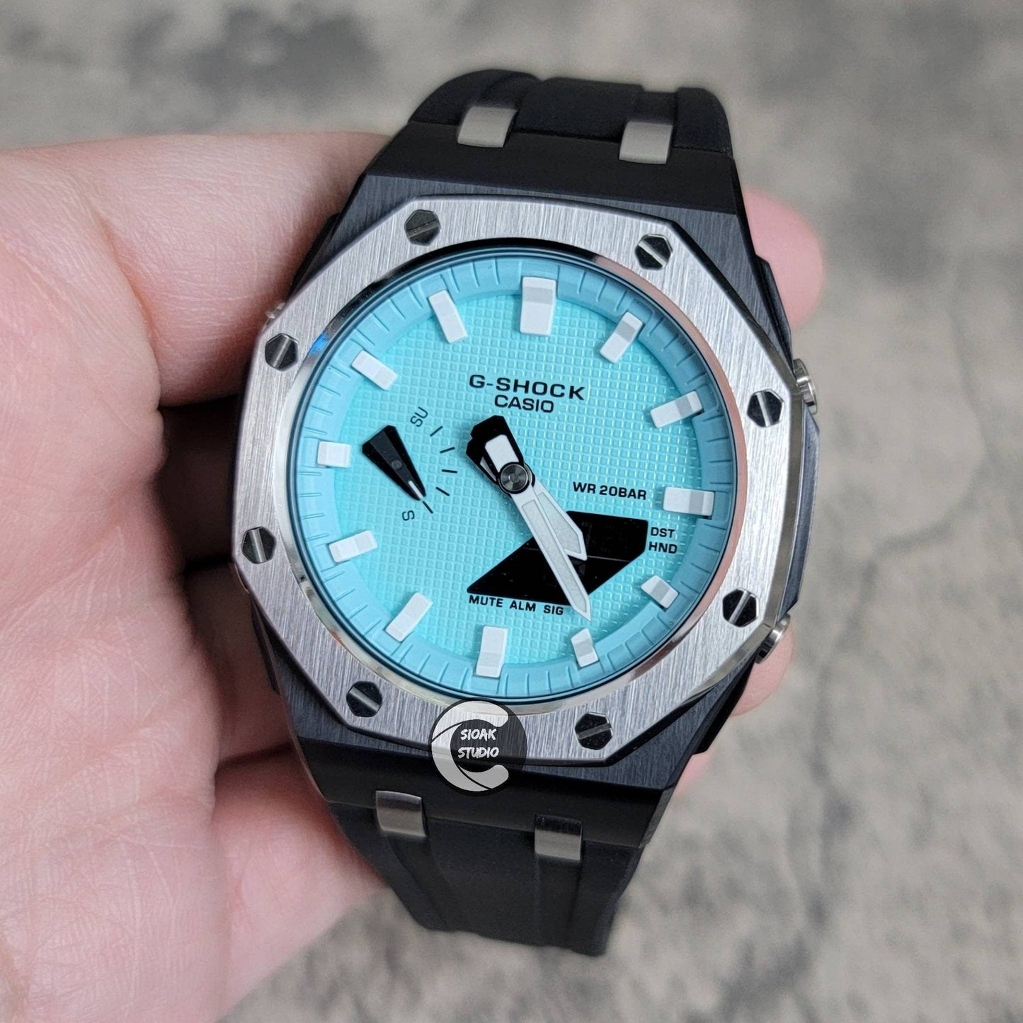 Casioak Mod Watch Offshore Superior Silver Black Case Black Rubber Strap Tiffany White Time Mark Tiffany Blue Dial 44mm - Casioak Studio