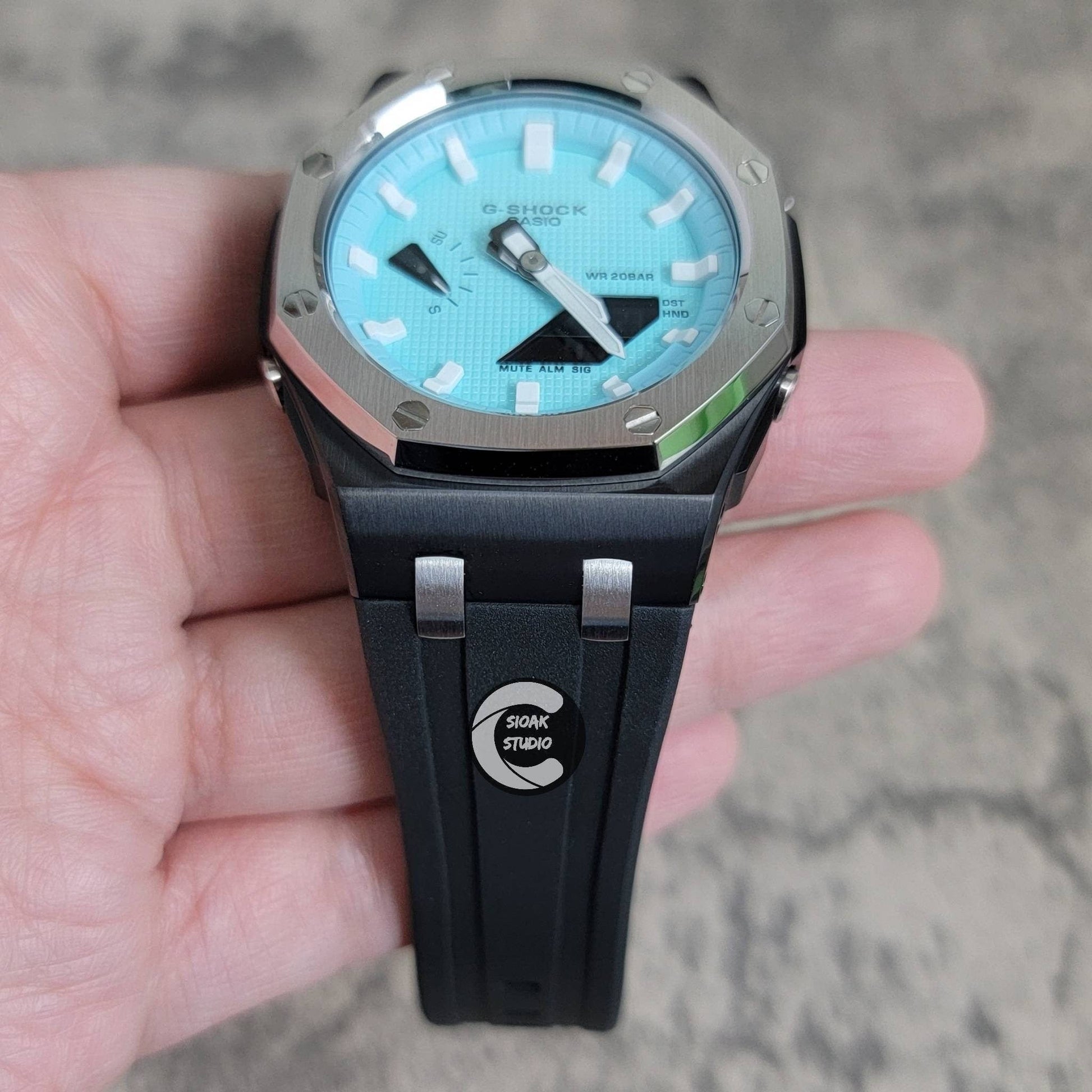 Casioak Mod Watch Offshore Superior Silver Black Case Black Rubber Strap Tiffany White Time Mark Tiffany Blue Dial 44mm - Casioak Studio