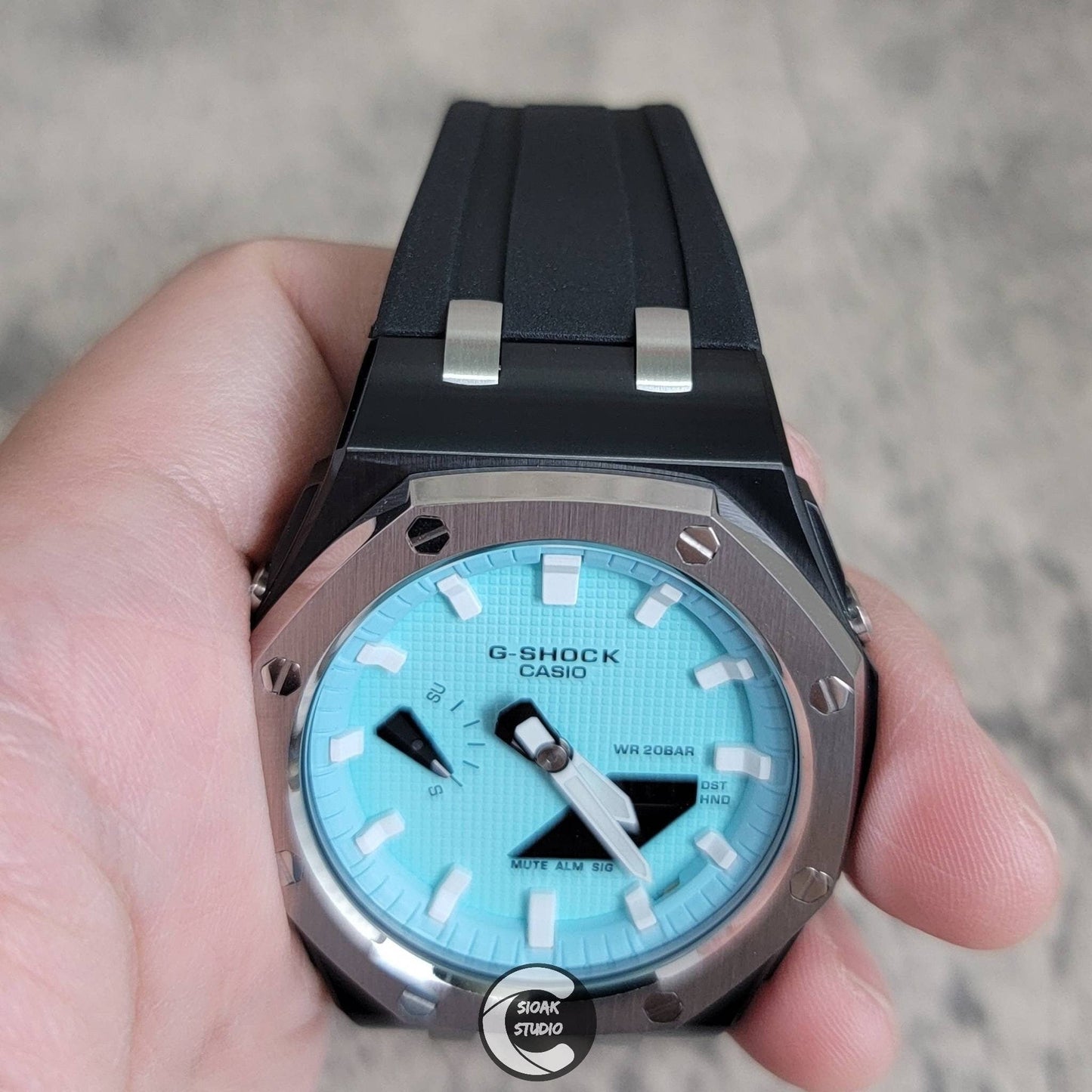 Casioak Mod Watch Offshore Superior Silver Black Case Black Rubber Strap Tiffany White Time Mark Tiffany Blue Dial 44mm - Casioak Studio