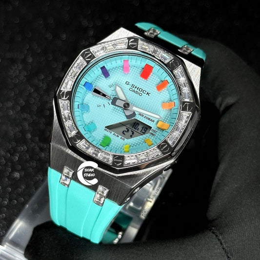 Casioak Mod Watch Diamond Silver Case Tiffany Strap Tiffany Rainbow Time Mark Tiffany Blue Dial 44mm - Casioak Studio