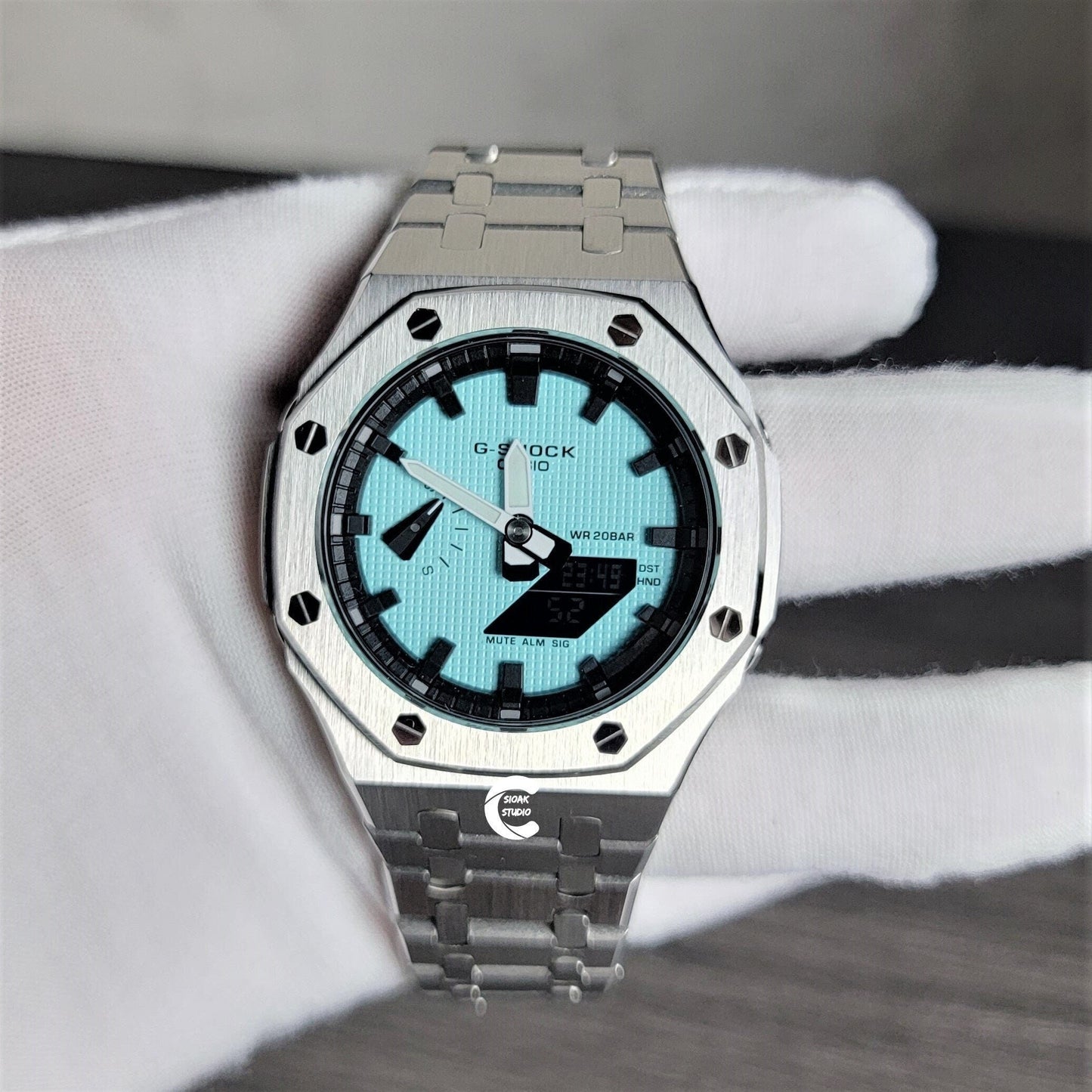 Casioak Mod Watch Silver Case Metal Strap Black Time Mark Tiffany Blue Dial 44mm - Casioak Studio