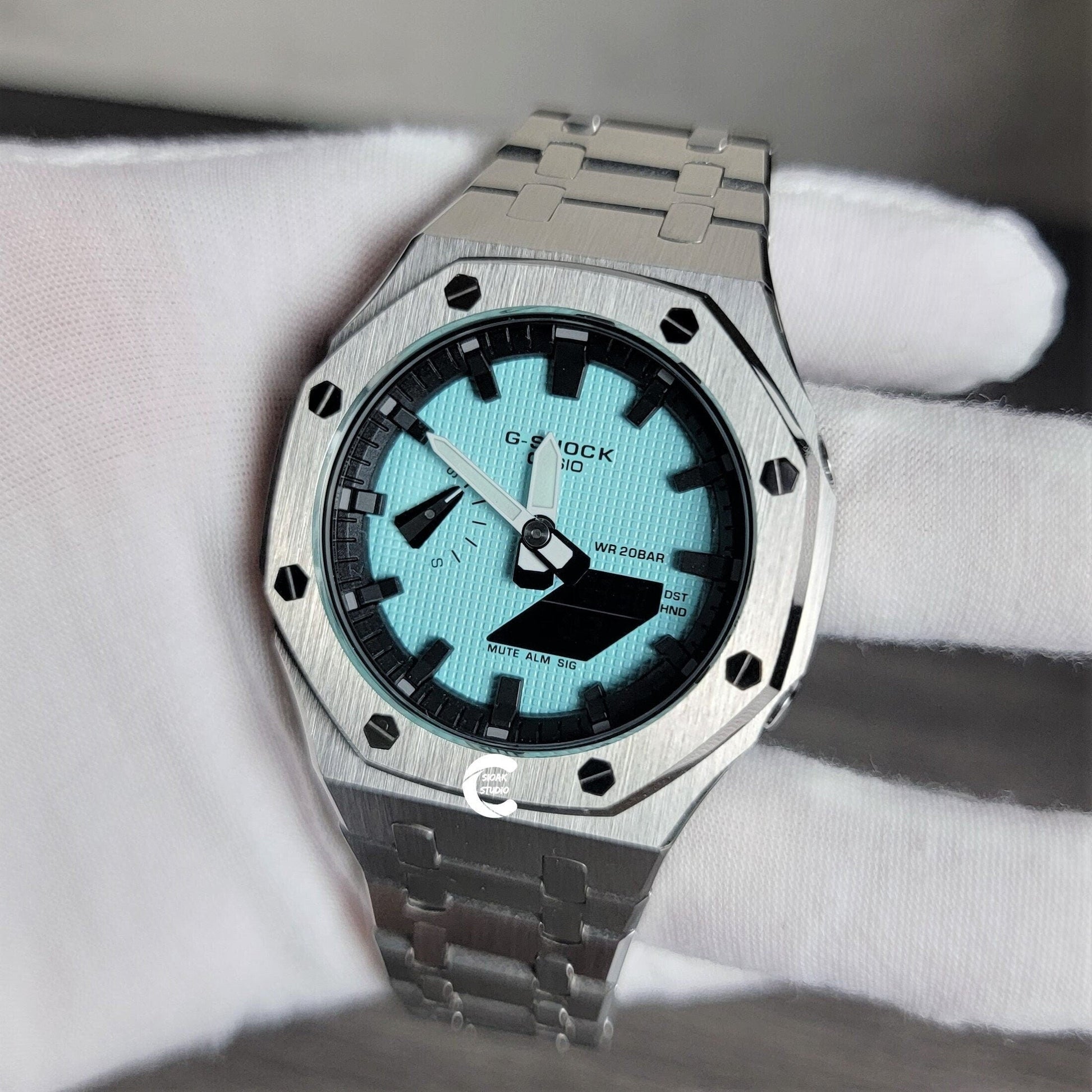 Casioak Mod Watch Silver Case Metal Strap Black Time Mark Tiffany Blue Dial 44mm - Casioak Studio