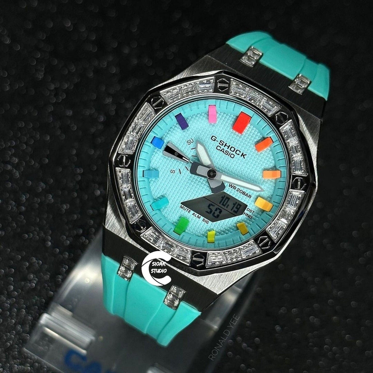 Casioak Mod Watch Diamond Silver Case Tiffany Strap Tiffany Rainbow Time Mark Tiffany Blue Dial 44mm - Casioak Studio