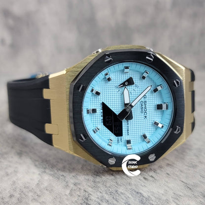 Casioak Mod Watch Black Gold Case Black Rubber Strap Tiffany Silver Time Mark Tiffany Blue Dial 44mm - Casioak Studio