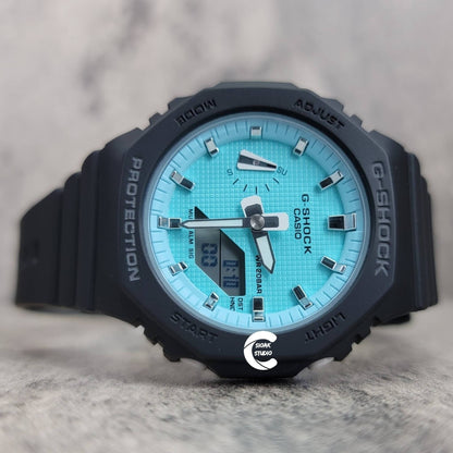 Casioak Mod Watch Black Plastic Case Strap Tiffany white Time Mark Tiffany Blue Dial 42mm - Casioak Studio