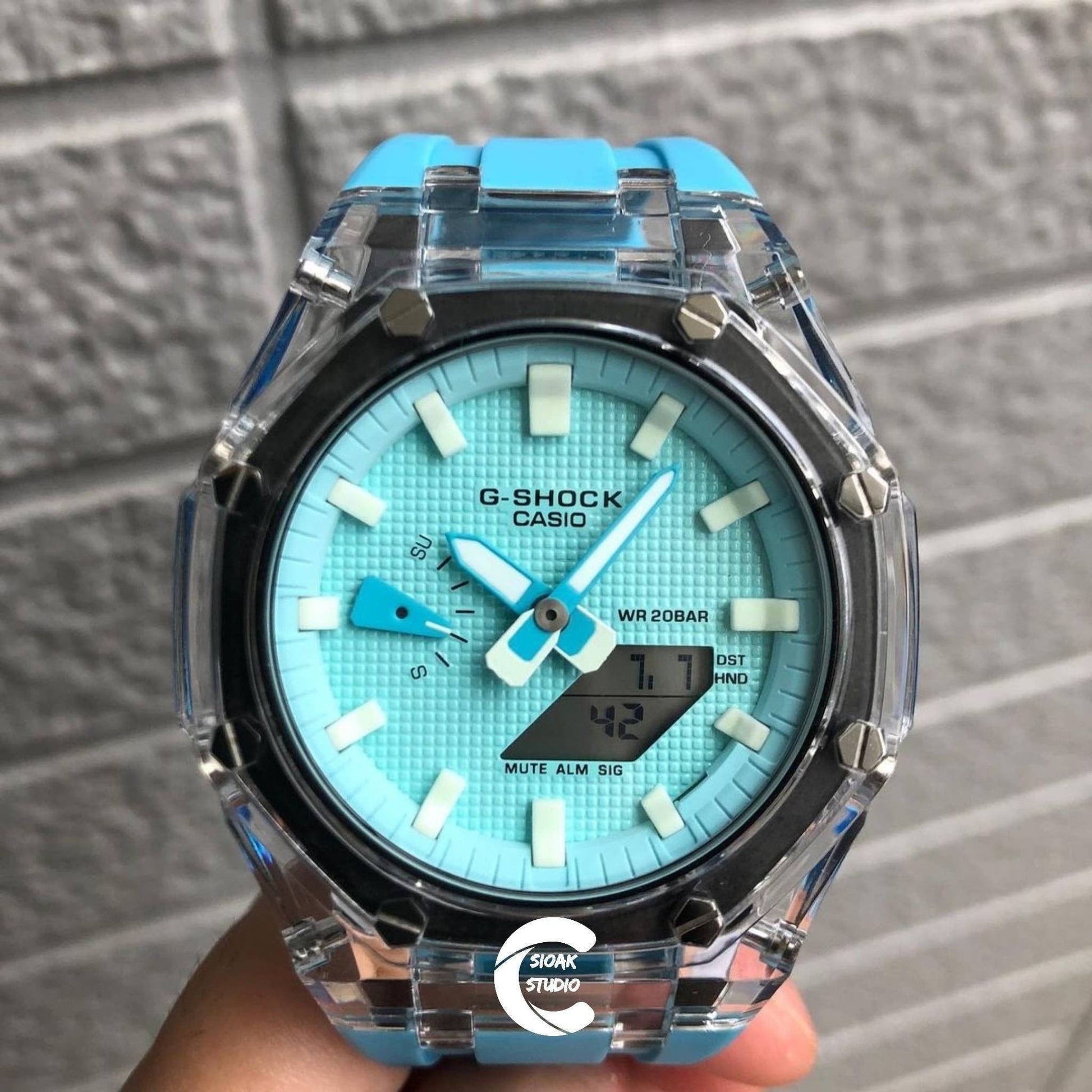 Casioak Mod Watch Transparent Case Blue Strap Tiffany White Time Mark Tiffany Blue Dial 44mm - Casioak Studio