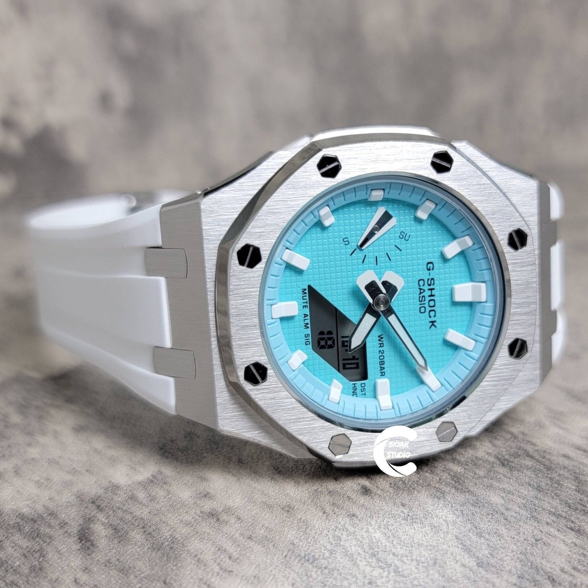 Casioak Mod Watch Silver Case White Rubber Strap Tiffany White Time Mark Tiffany Blue Dial 42mm - Casioak Studio