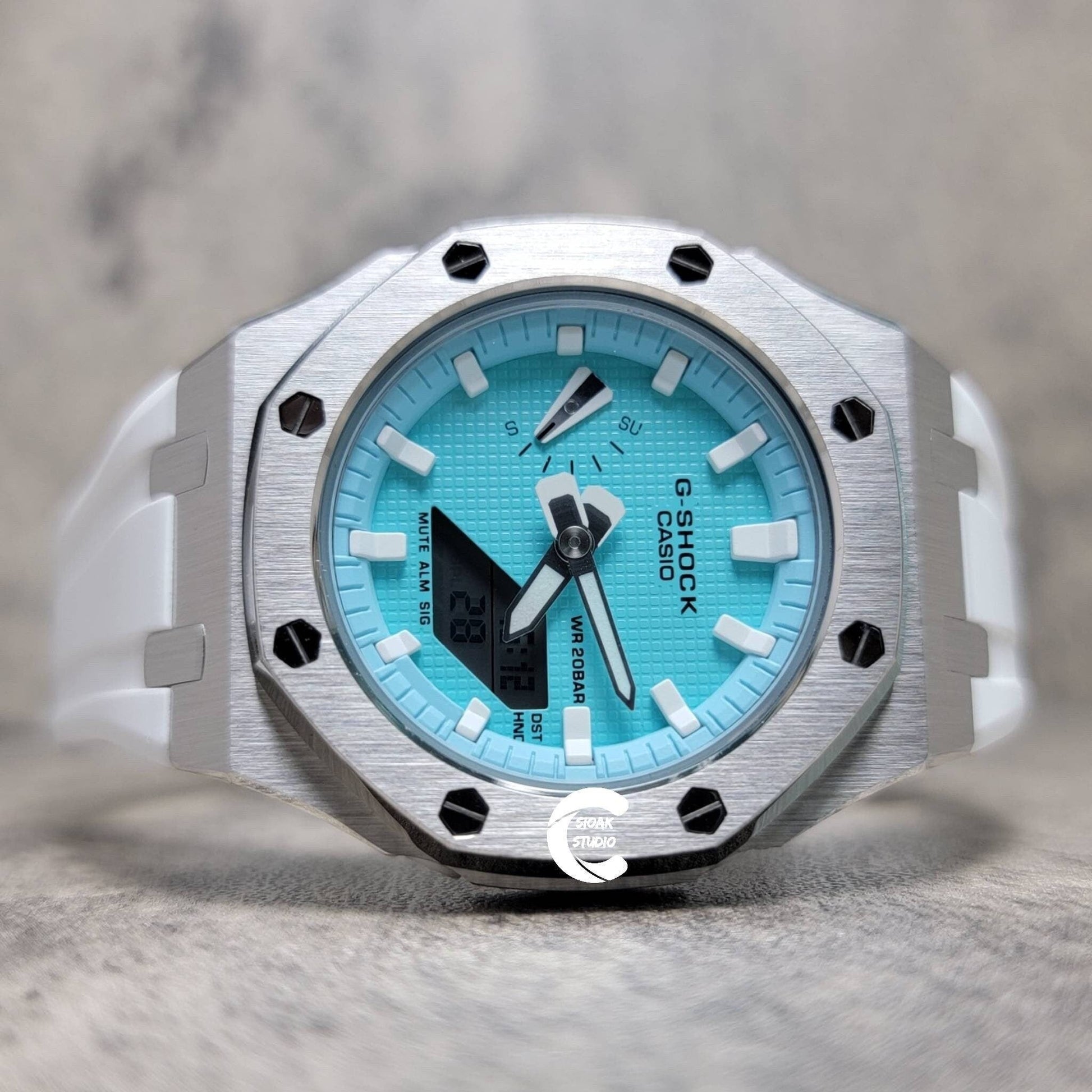 Casioak Mod Watch Silver Case White Rubber Strap Tiffany White Time Mark Tiffany Blue Dial 42mm - Casioak Studio