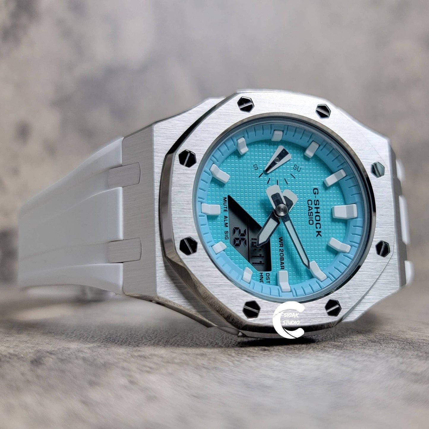 Casioak Mod Watch Silver Case White Rubber Strap Tiffany White Time Mark Tiffany Blue Dial 42mm - Casioak Studio