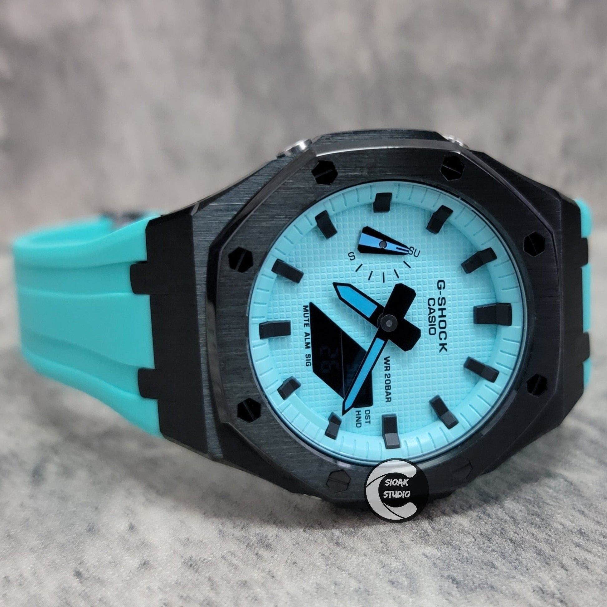 Casioak Mod Watch Black Case Tiffany Rubber Strap Tiffany Time Mark Tiffany Blue Dial 44mm - Casioak Studio