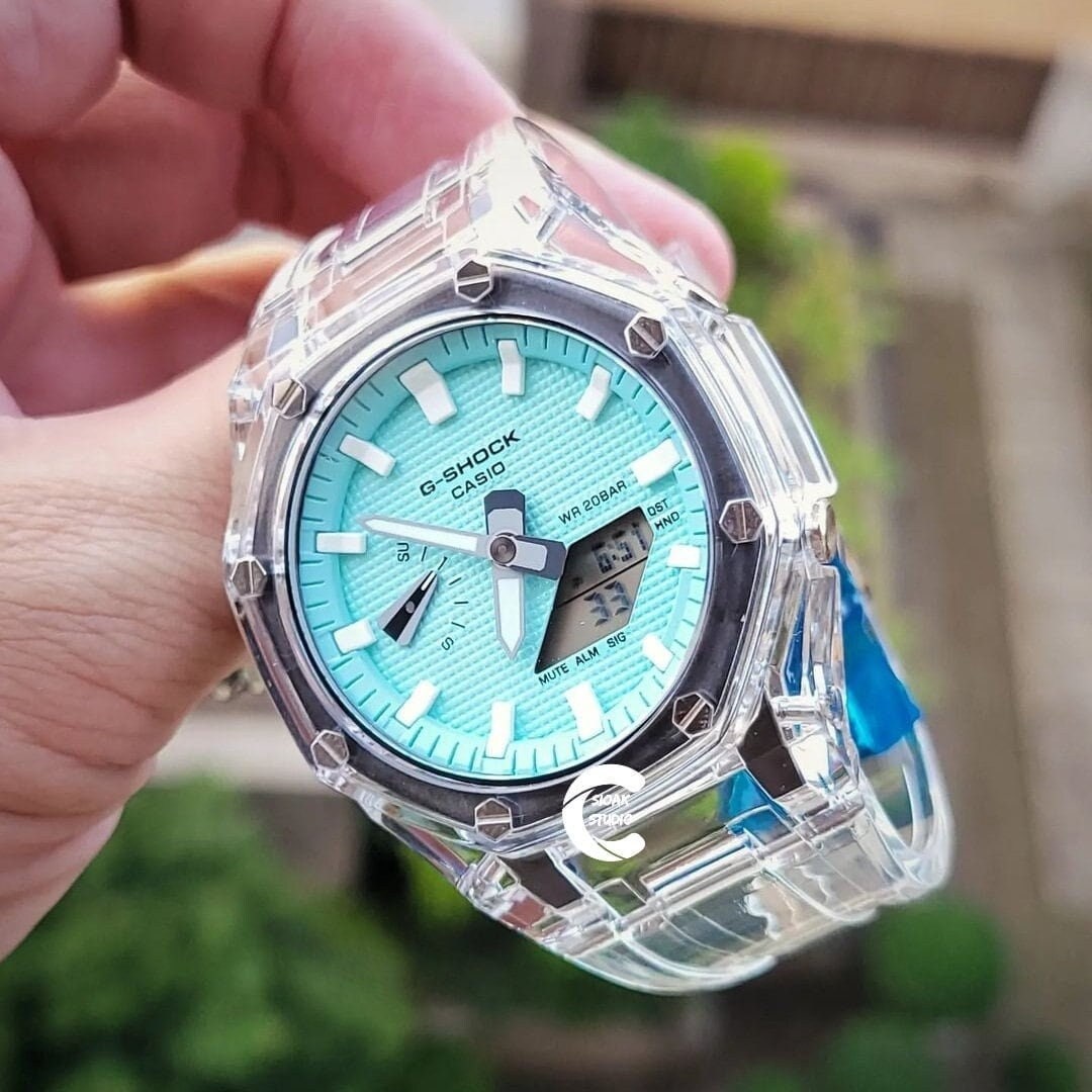 Casioak Mod Watch Transparent Case Strap Tiffany White Time Mark Tiffany Blue Dial 44mm - Casioak Studio