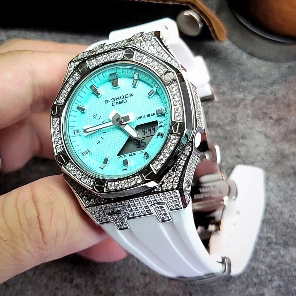 Casioak Mod Watch Diamond Silver Case Tiffany Strap Tiffany Blue Dial      Wife - Casioak Studio