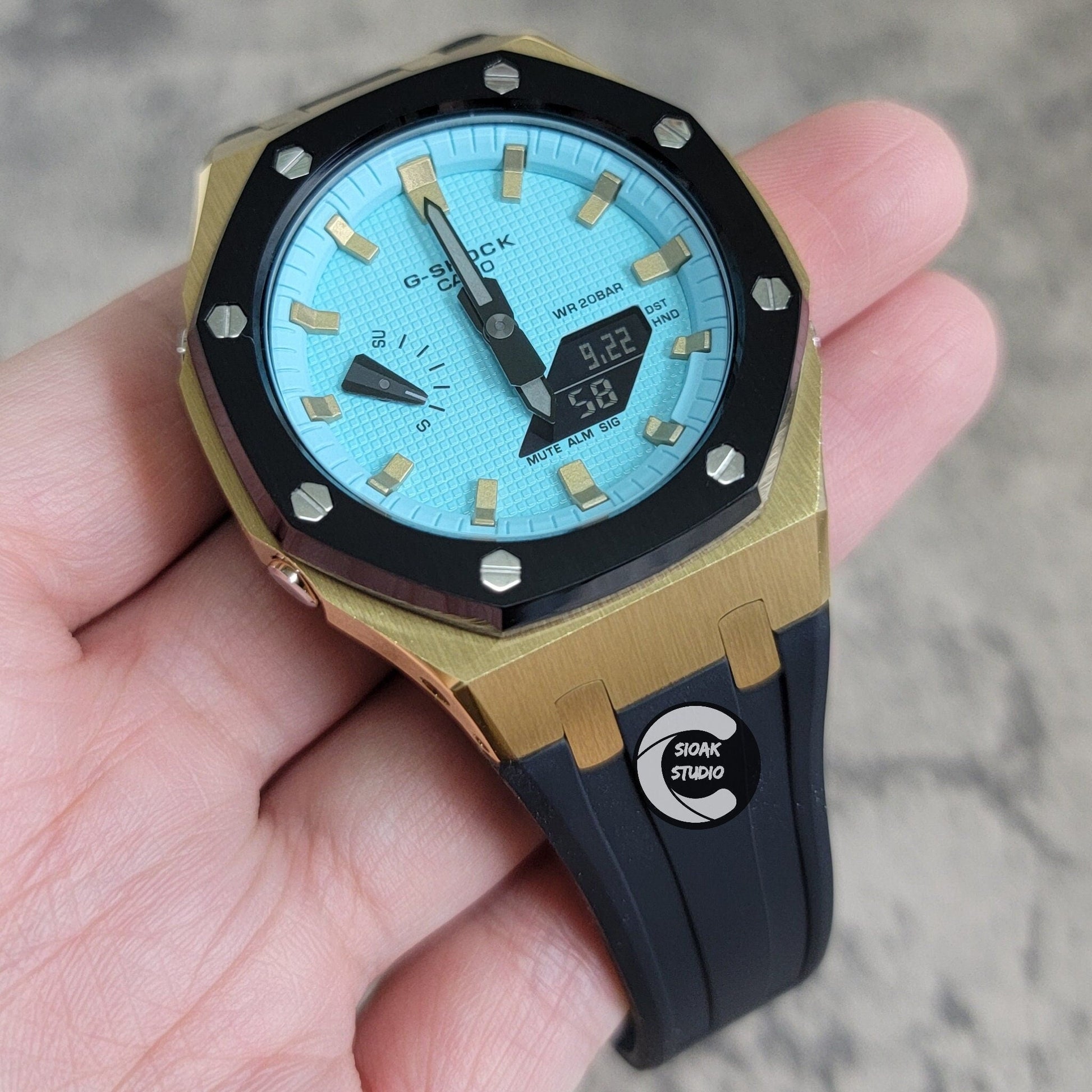 Casioak Mod Watch Black Gold Case Black Rubber Strap Black Gold Time Mark Tiffany Blue Dial 44mm - Casioak Studio