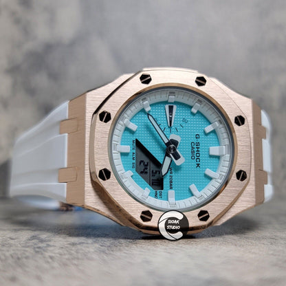 Casioak Mod Watch Rose Gold Case White Rubber Strap White Time Mark Tiffany Blue Dial 42mm - Casioak Studio