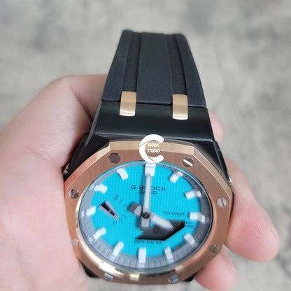 Casioak Mod Watch Offshore Superior Rose Gold Black Case Black Rubber Rubber Strap Light Gray White Time Mark Tiffany Blue Dial 44mm - Casioak Studio