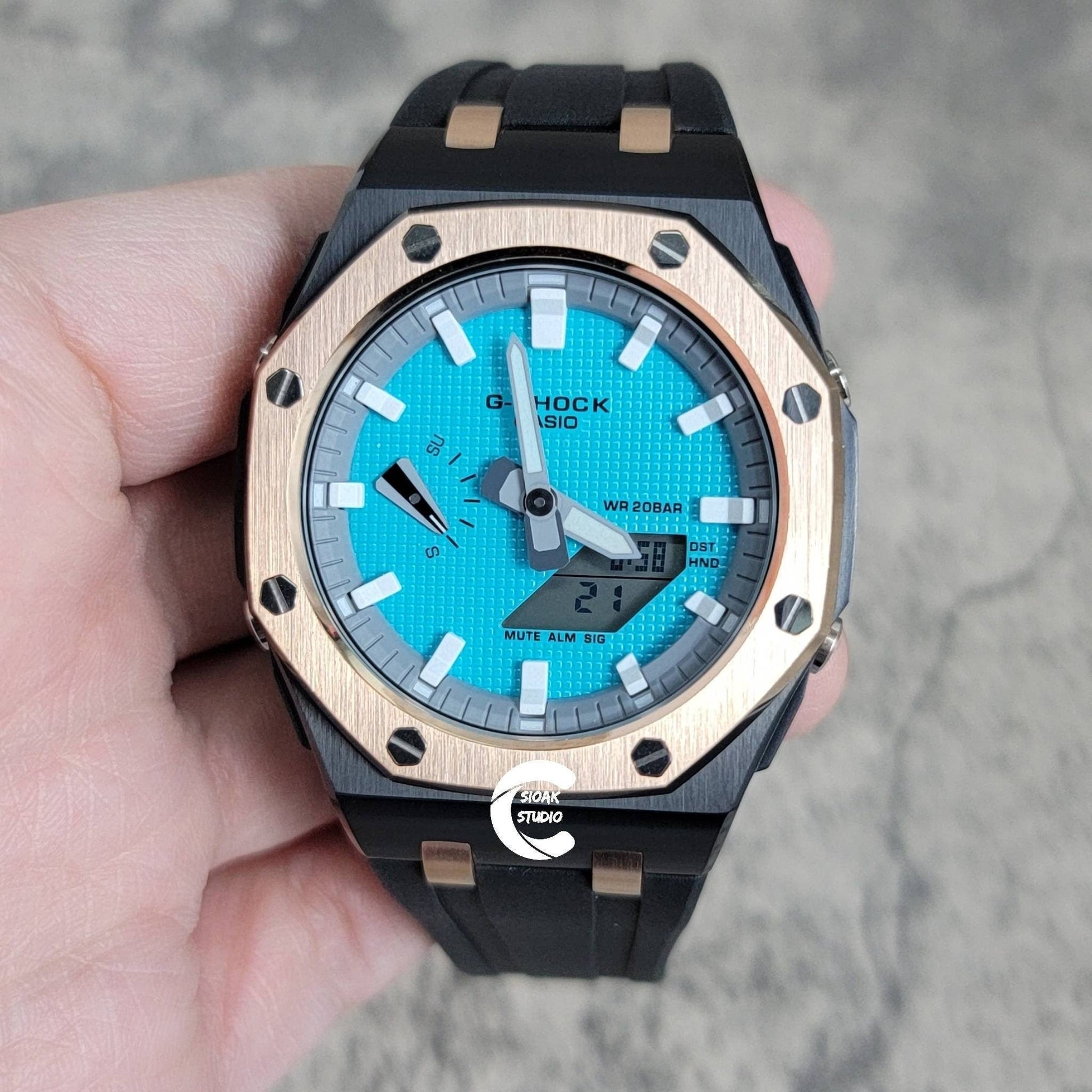 Casioak Mod Watch Offshore Superior Rose Gold Black Case Black Rubber Rubber Strap Light Gray White Time Mark Tiffany Blue Dial 44mm - Casioak Studio