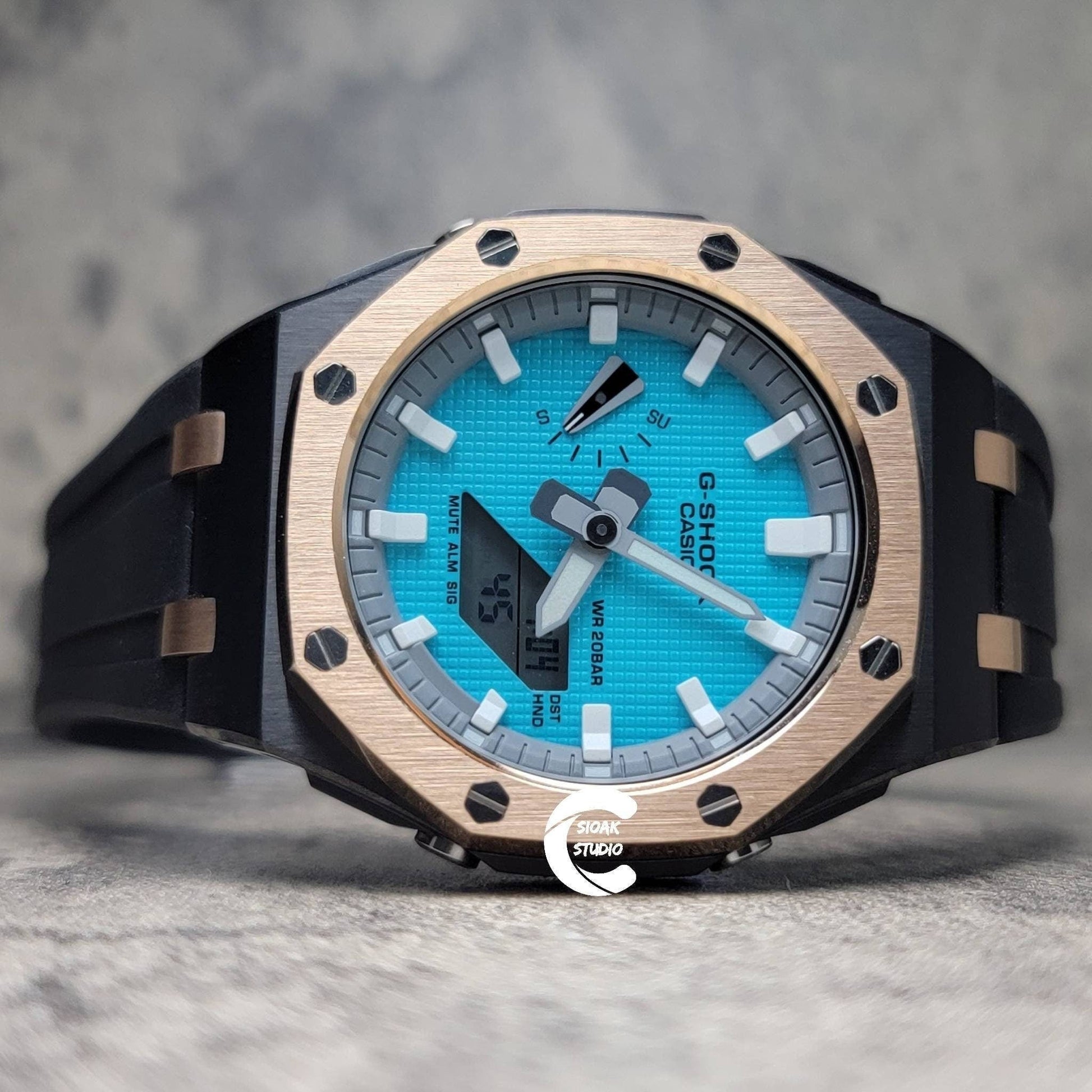 Casioak Mod Watch Offshore Superior Rose Gold Black Case Black Rubber Rubber Strap Light Gray White Time Mark Tiffany Blue Dial 44mm - Casioak Studio