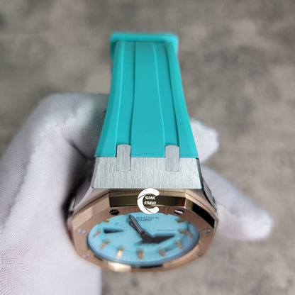 Casioak Mod Watch Rose Gold Silver Case Tiffany Rubber Strap Tiffany Gold Time Mark Tiffany Blue Dial 44mm - Casioak Studio